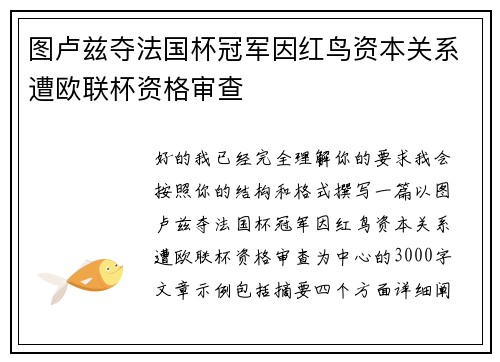 图卢兹夺法国杯冠军因红鸟资本关系遭欧联杯资格审查