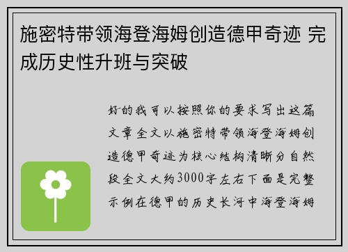 施密特带领海登海姆创造德甲奇迹 完成历史性升班与突破