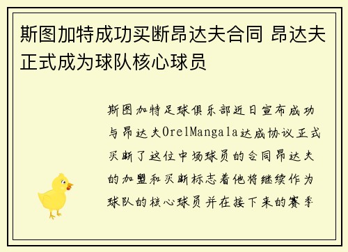 斯图加特成功买断昂达夫合同 昂达夫正式成为球队核心球员